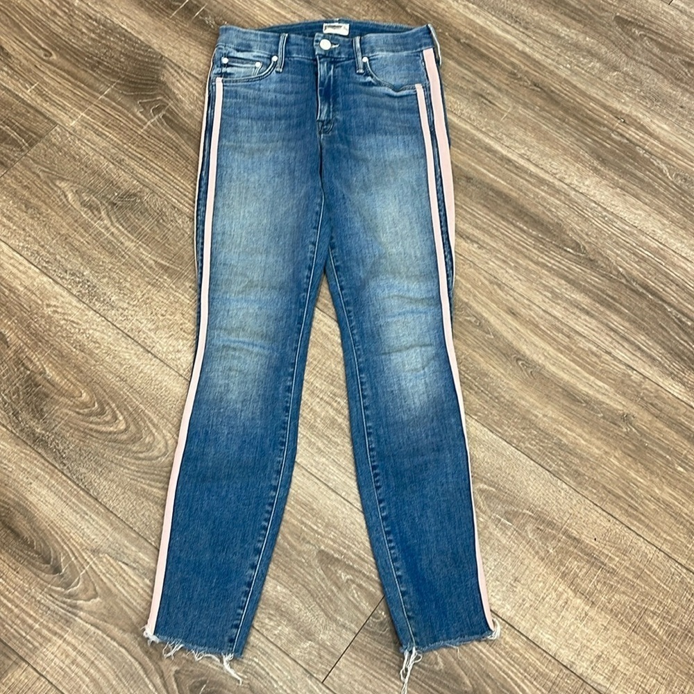 Mother The Looker Ankle Fray Thunderstruck Racer Pink Stripe Skinny Jeans 25